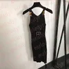 Sexy Sling Knitted Dress Retro Embroidery Portrait Camisole Dress Summer Designer Sleeveless Knitting Skirts High Elastic Slim Skirt with Gold Buckle