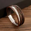 Bracelets de charme 2024 Bracelet tressé en cuir multicouche en acier inoxydable Punk noir/marron pour hommes cadeau d'anniversaire
