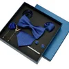Conjunto de gravatas masculinas de luxo, 8 peças, caixa de presente, 100 gravatas de seda com gravata borboleta de casamento festiva, quadrados de bolso, abotoaduras, clipe, broches, terno 240123