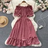 Party Dresses Summer Solid Off Shoulder Chiffon Polka Dot Dress Women Sexy Midi Female Clothing Waist Green Vestidos