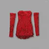 Casual Dresses Red Fashion Strapless Tube Top Long Sleeve Slim Sequined Pärlad spets tätt miniklänning