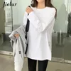 Jielur outono branco preto topo coreano apliques divisão algodão camiseta feminina manga longa casual solto camisa básica sxl 240129