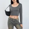 Women's T Shirts Women 's Casual Short T-Shirts Solid Color Long Sleeve Round Neck Pullovers Street Basic Crop Tops Female Slim Fit Plain