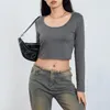 T-shirts pour femmes T-shirts courts décontractés pour femmes Couleur unie Manches longues Col rond Pulls Street Basic Crop Tops Femme Slim Fit Plain