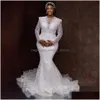 Robes de mariée sirène robe de luxe pour la mariée africaine arabe grande taille mariée manches longues col transparent pays brillants plage Chape Dhvde