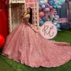 Roze Stralende 3D Bloemen Uit De Schouder Baljurk Quinceanera Jurken Lace Up Sweet 16 vestidos de 15 anos