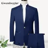 Herrenanzüge GN 2024 Ankunft Männer Marineblau 2 Stück Schultertasche mit schwarzem Besatz Goldknopf Blazer Hosen für formelle Party Bräutigam