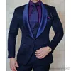 Abiti da uomo Blazer Blu scuro Abiti da uomo Jacquard floreale Slim Fit con scialle Risvolto Smoking per Groomsmen Costume di moda maschile 3 pezzi Matrimonio personalizzato