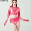 Maillots de bain pour femmes VigoAnne 2024 Rose À Manches Longues Femmes Push Up Taille Haute Bikini Ensemble Coréen Maillot De Bain Fermé Dos Nu Maillot De Bain D'été