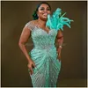 Prom Dresses Feathered Luxurious Plus Size Aso Ebi Mint Mermaid Short Sleeves Beaded Illusion Evening Elegant For Black Women Birthd Dhtij