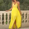 Casual Dresses Spring High midje lapptäcke Pleat Long Dress Women Deep V-ringen broderi spetsfest sommar ärmlös slit maxi