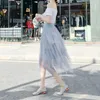 Casual klänningar oregelbunden lång klänningskjol Kvinnor Soild Color High Elastic Hight Midje Mesh Tutu Lace Trim Multilayer White kjolar 2024