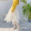 Casual klänningar oregelbunden lång klänningskjol Kvinnor Soild Color High Elastic Hight Midje Mesh Tutu Lace Trim Multilayer White kjolar 2024
