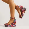 Sandalen Sommer Damen Schnallenriemen Blumen Druck Wedges Weave Beach Open Toe Atmungsaktive Schuhe