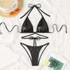 Women's Swimwear XS - L PU Faux Leather High Leg Cut Bikini Female Swimsuit Women Two-pieces Set Bather Bathing Suit Swim V5299