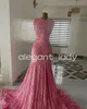 Sparkly Pink Mermaid Long Prom Dresses for Women Luxury Diamond Crystal Velvet Evening Ceremony Gown vestidos de gala