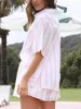 Kvinnors spårvit Vita randiga mode shorts passar fest casual sommar kortärmad lapel-knapp-ner skjorta dragsko