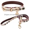 Dog Collars Leashes Step In Dog Harness Designer Dogs Collar Leashes Set Classic Plaid Leather Pet Leash For Small Medium Cat Chihua