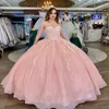 Pink Shiny Off The Shoulder Ball Gown Quinceanera Dresses Ruffles Sequined Appliques Lace Beads Corset Vestidos De 15 Anos