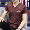 2024 Summer Ice Silk Quick Drying Cool Feel Embroidered Mens Short Sleeved T-shirt V-neck Casual Trendy Clothing