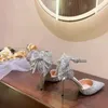 Sapatos de vestido Francês Noiva Menina Cristal Strass Bowtie Salto Alto Apontou Toe Brilhando Mulheres Bombas Sólidas