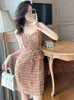 Casual Dresses Elegant Celebrity Women's Tweed Dress For Women Retro Sexy Tank Single Breasted Wrapped Hip Mini Gown Femme Party Bottom