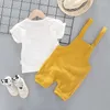 Kleidung Sets 2 teile/satz Kind Jungen Kleidung Anzug Brief T-shirt Hosenträger Hose Baby Outfit Kinder Kostüm Cartoon Sommer Kleinkind Trainingsanzug a586