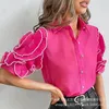 Women's Blouses Rose Button Frill Hem Half Sleeve Top Women T Shirt Short Shirts Single Breasted Casual Elegant Work 2024