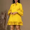 Etniska kläder Fashion Women African Evening Party Dresses Plus Size Ruffles Sleeve Casual Dress Soe Up Neck Solid Color Dashiki