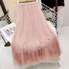 Skirts Elegant Pearl Tulle Women 2024 Fashion High Waist Faldas Largas Casual Korean Pink Mid Length A Line Pleated Skirt Black