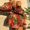 Damenbadebekleidung FS Sexy Frauen Roter Druck Hohe Taille Bikini Set Ausgehöhlter Badeanzug Lange Kittel Drei Stücke 2024 Sommerankunft