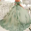 Светло-зеленое милое платье Quinceanera 16 с открытыми плечами и аппликацией, кружевное бальное платье из тюля, платье принцессы для вечеринки, дня рождения, Vestidos 15 De