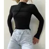 Kadın Tişörtleri Yarım Boşaltma Bottası% 94 Viskoz Tshirt Bahar Moda İnce Uygun Uzun Kollu T-Shirt Sıradan sokak kıyafeti üstleri