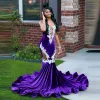 Sexy Lace Purple Mermaid Black Girls Prom Dress Veet Appliques Beads Sheer Mesh Graduation Party Gowns Vestidos De Fiesta Elegantes Para Mujer 0219