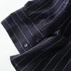 Kvinnors blusar 2024 Summer Navy Blue Linen Striped Shirt Lapel Långärmad enkelbröstad lös pendling All-Match Tops