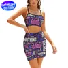 Women's custom casual suit HD Pattern Halter vest High Fanny pack hip skirt ruffle design tight breathable 90% polyester +10% spandex 178g purple