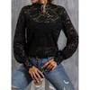 Женские футболки 2024, осенняя модная футболка с длинными рукавами, сексуальный ветреный тонкий кружевной топ, женский черный однотонный пуловер, уличная одежда, низ