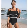 Mulheres Swimwear 2023 Sexy One Piece Swimsuit Clássico Alças Mulheres Ruffle Monokini Retro Preto Bodysuit Vintage Banheira Terno GirlsH2422088