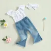 Conjuntos de roupas Bebê Meninas Macacões de Verão Conjunto com Mangas Voadoras Romper e Casual Stretch Denim Calças Flared Headband