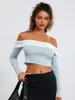 Women's T Shirts Women Off Shoulder Long Sleeve Crop Top Sexy Knit Slim Fit Flowers Shirt Casual Ribbed Tight Sweater Blouse Tops