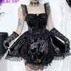 Robes décontractées Goth Black Lace Trim Sans Manches Party Robe Y2K Sexy Esthétique À Lacets Bandage Lolita Slim Court Mini Robe Femmes