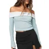 Women's T Shirts Women Off Shoulder Long Sleeve Crop Top Sexy Knit Slim Fit Flowers Shirt Casual Ribbed Tight Sweater Blouse Tops