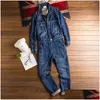 Mäns jeans herrar jeans 2023 Vår- och höstens overaller denim jumpsuits långärmad lapel lös blå last byxor mode arbetskläder tru dhpyx