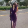ドレスディープタウン韓国スタイルセクシーな紫色のイブニングドレス女性ヴィンテージスピルド長袖コルセットチュニックドレスエレガントなシックなミディベスティドス