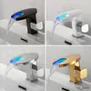 Bathroom Sink Faucets LED Waterfall Brass Bathroom Basin Faucet Cold Hot Mixer Crane Sink Tap Black Color Change Powered by Water Flow