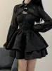 Casual Dresses HOUZHOU Black Sexy Lolita Dress Women Gothic Vintage Mini Harajuku Long Sleeve Fairy Two-piece Party Sets