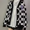 Smycken japanska överdimensionerade kawaii tecknad broderi cardigan kvinnor jk enhetlig checkerboard tröja kappa hösten lös y2k stickad 2022