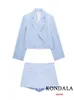 KONDALA Vintage Streetwear Chic Effen Blauw Casual Pendelen Vrouwen Pak Mode Elegante Lange Mouw Blazer Mini Shorts Rokken 240219
