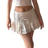 Skirts Women S Fashion Mini Low Rise Solid Color Cross Tie-Up Ruffles Spring Summer Casual Short