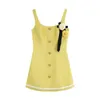 Women's yellow color sleeveless tweed woolen flower patchwork slim waist casual dress SML 19Rn#